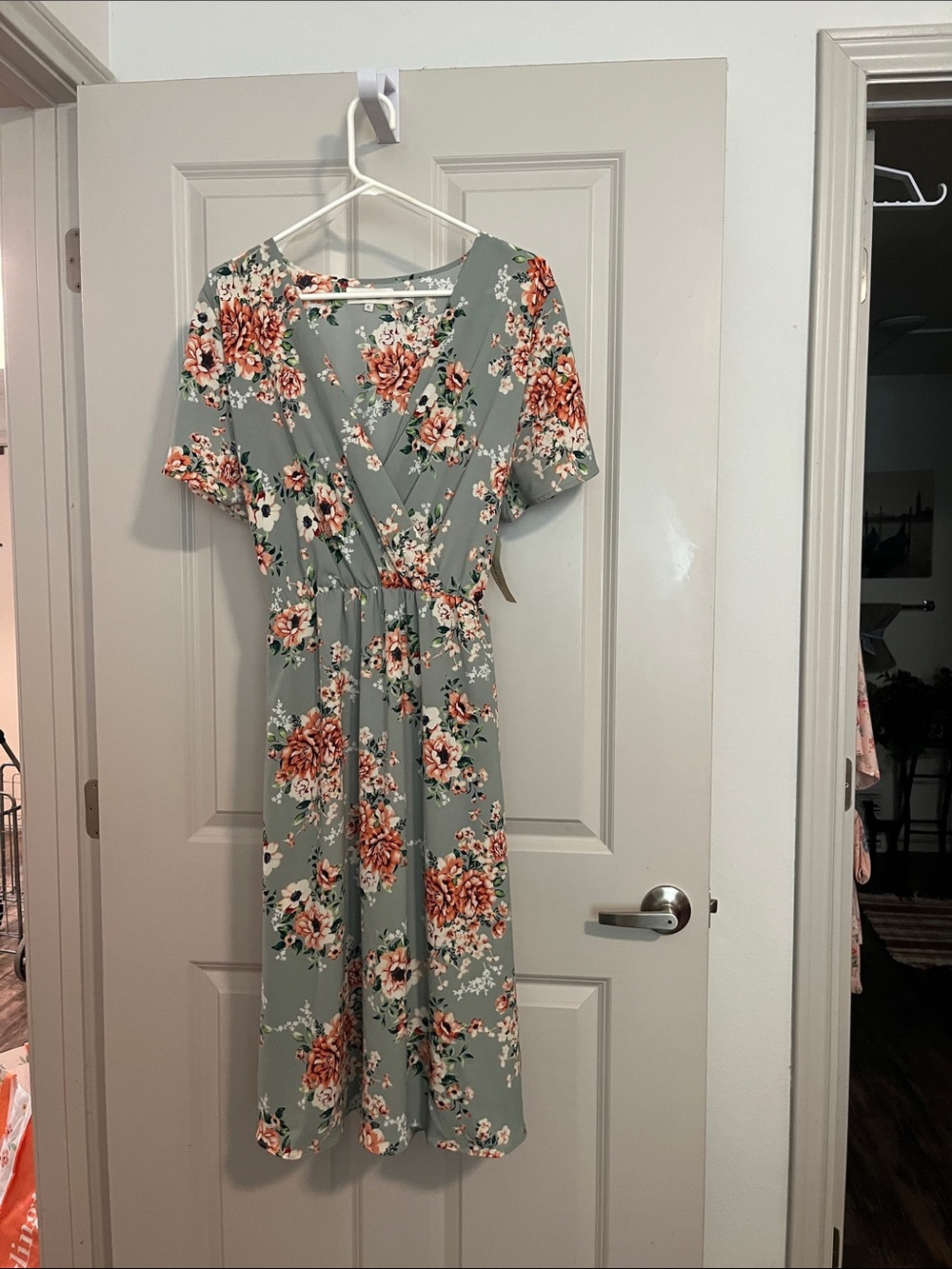 Sage Green Floral Wrap Midi Dress with Coral Blooms